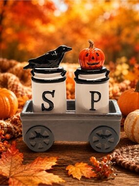 Autumn Ceramic Pumpkin & Raven Salt and Pepper Shakers - White & Orange